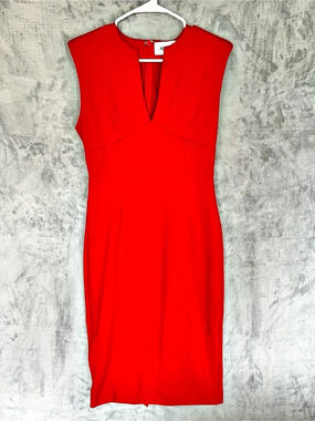 Alieva Red Tailored Sheath Midi Dress Deep V-Neck Slim Fit Bodycon Size L